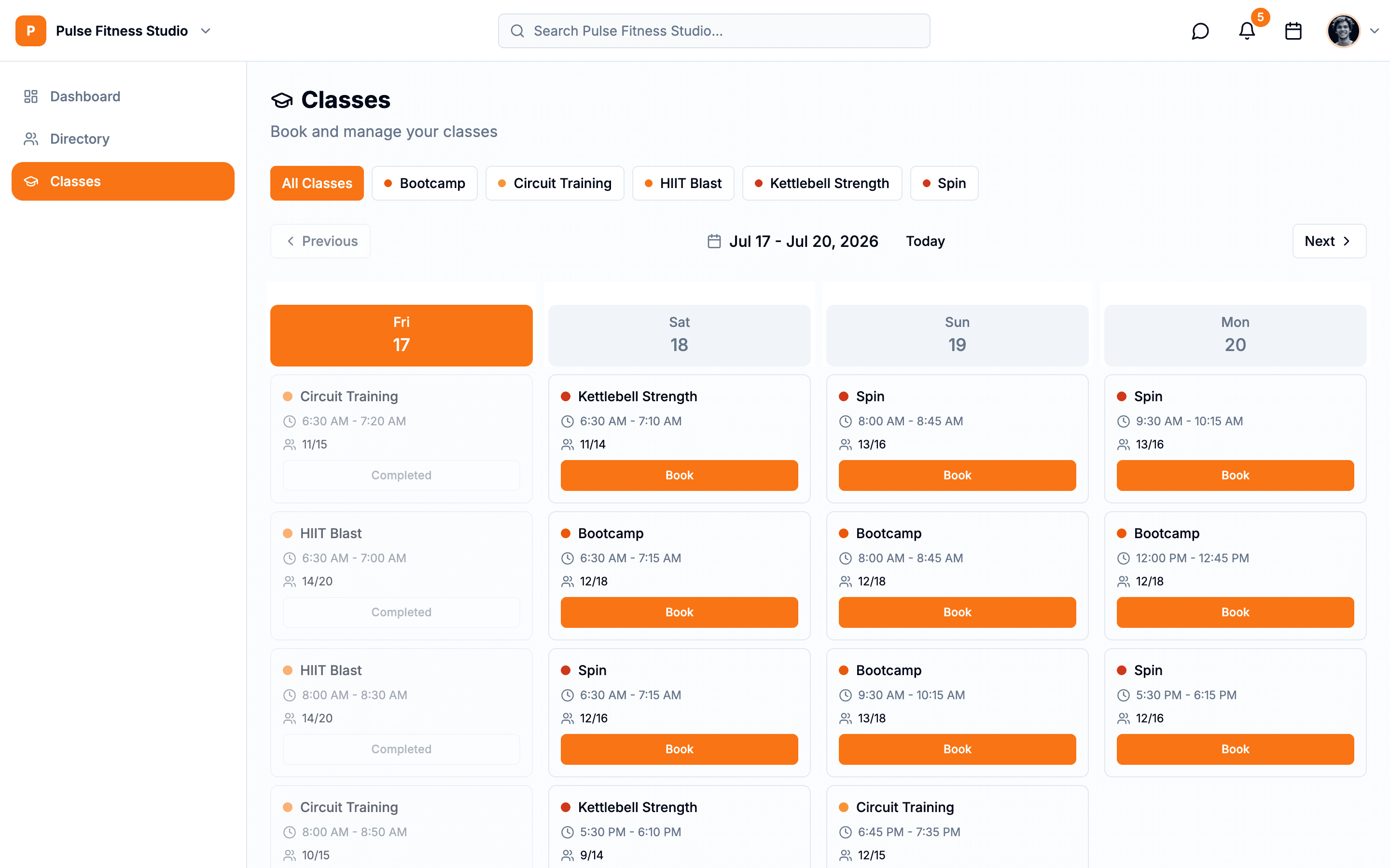 Fitness Studio dashboard on the web