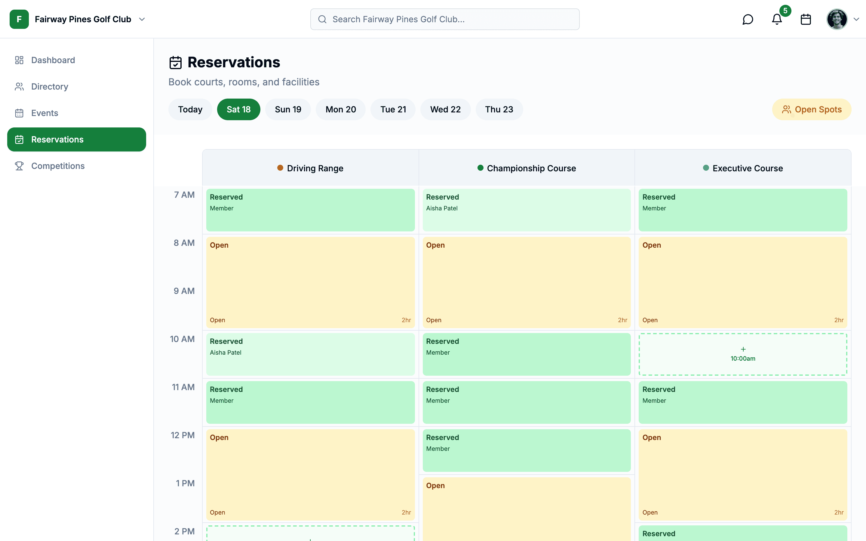 Golf Club dashboard on the web