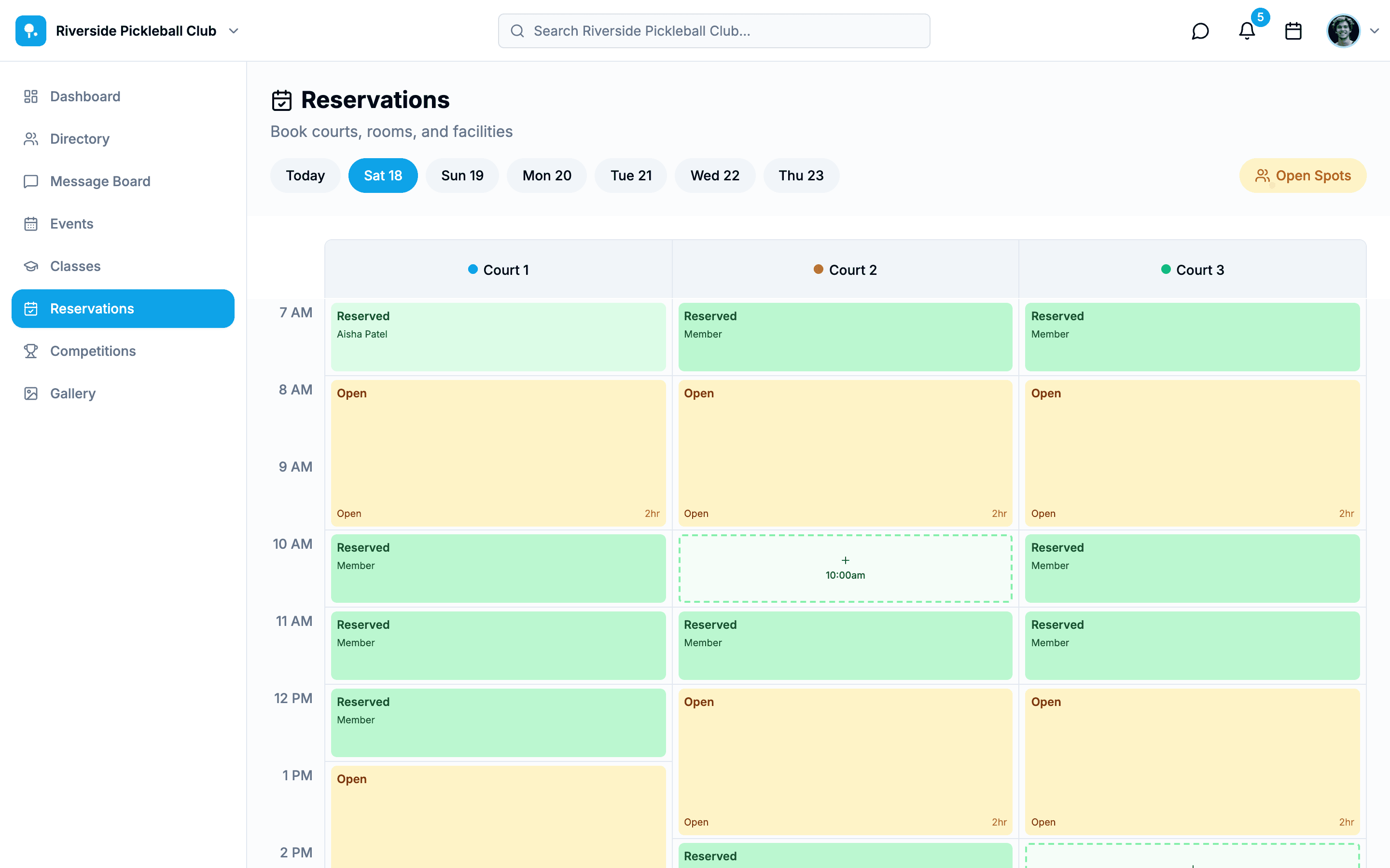 Pickleball Club dashboard on the web