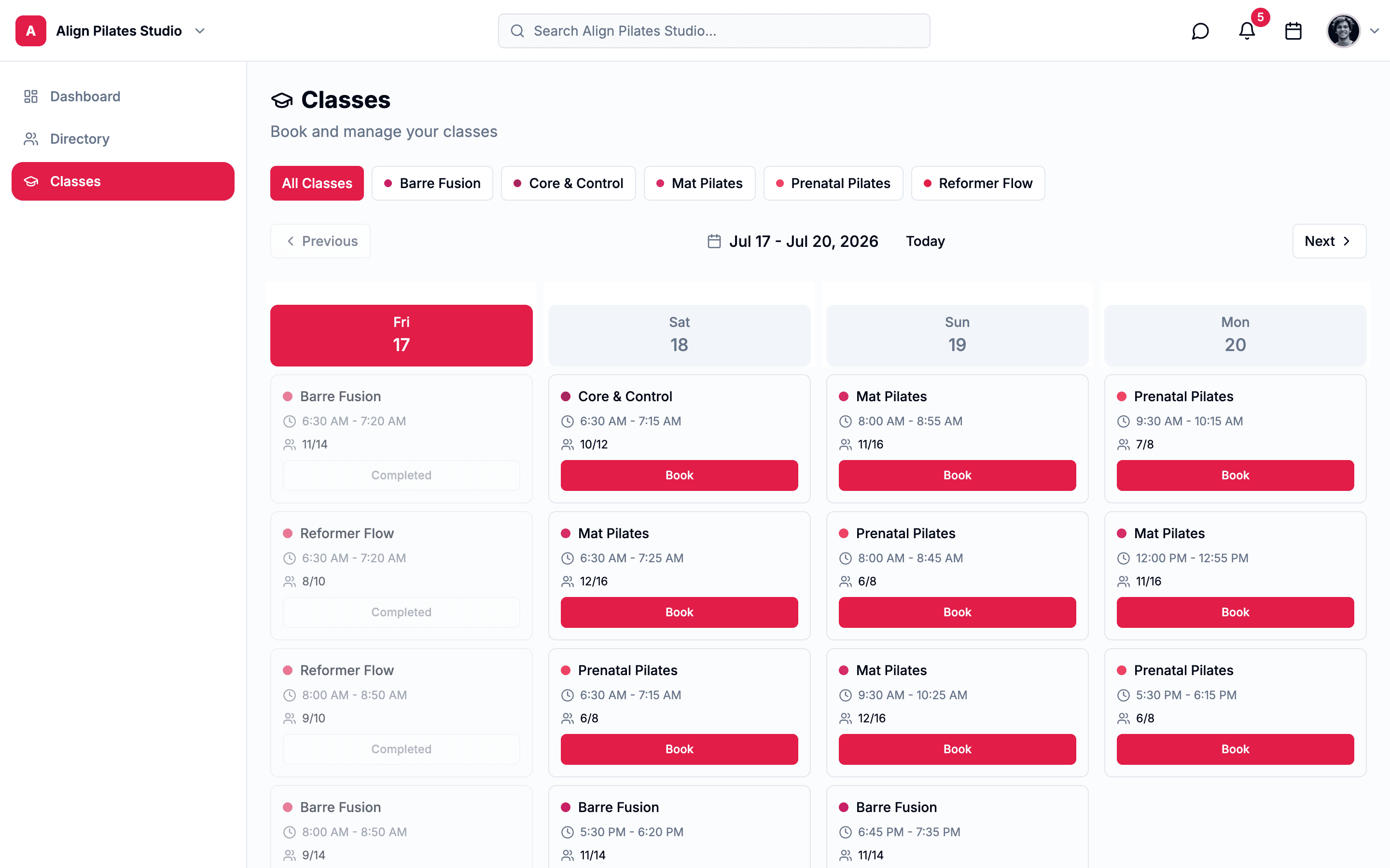 Pilates Studio dashboard on the web