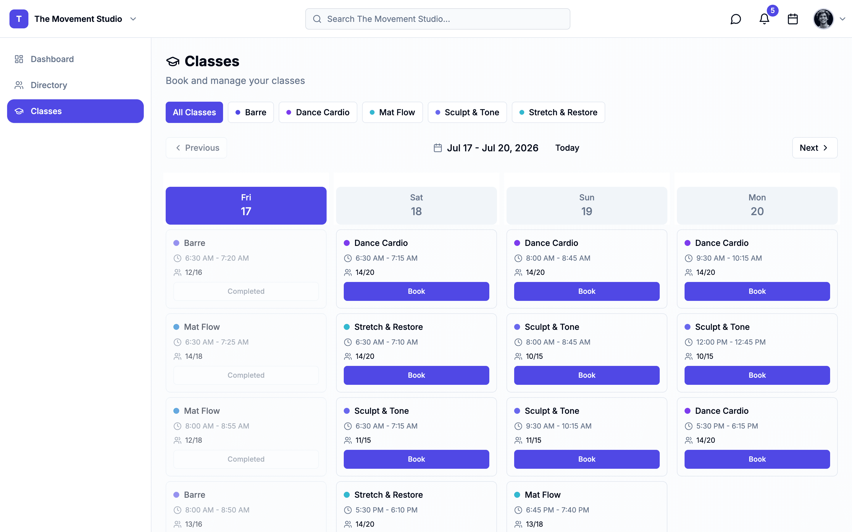 Fitness Studio dashboard on the web