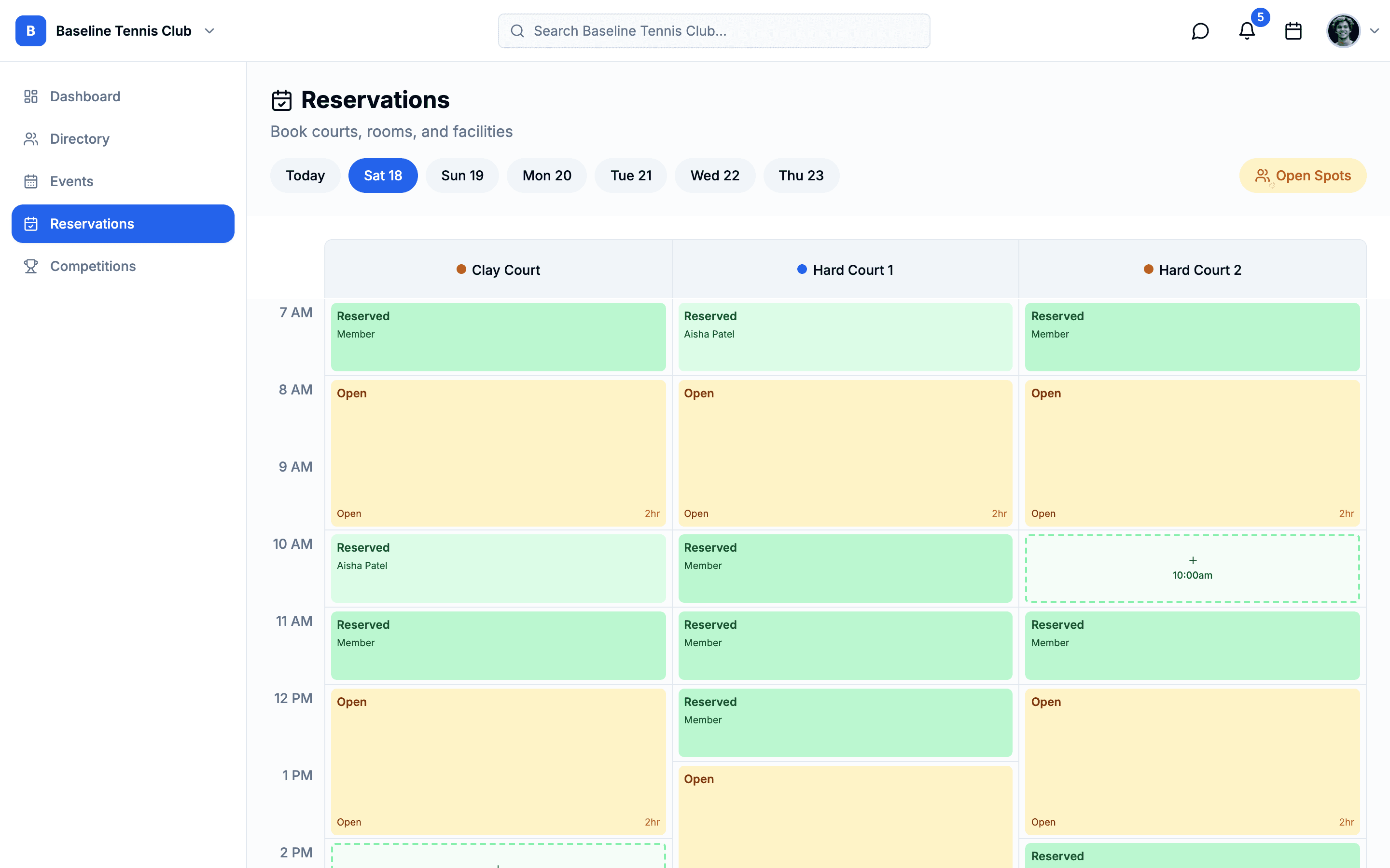 Tennis Club dashboard on the web