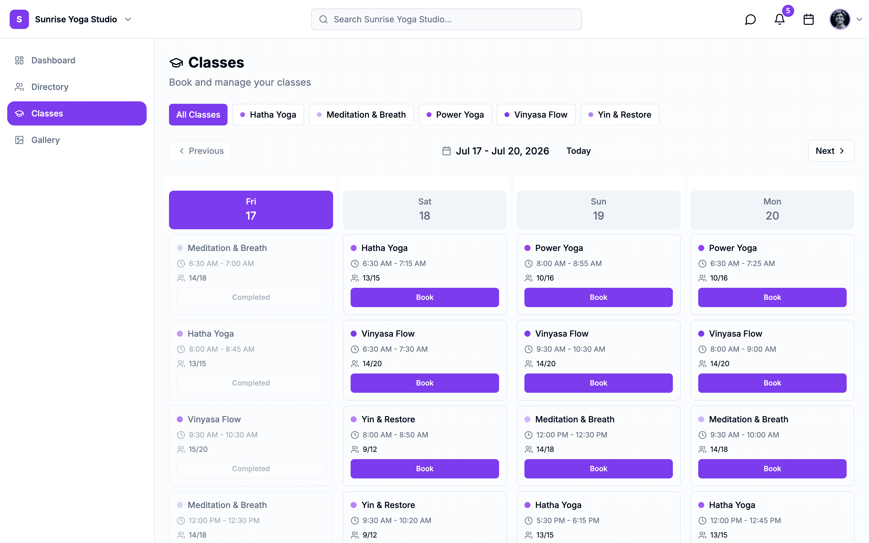 Yoga Studio dashboard on the web